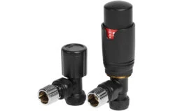 Avari Round Thermostatic Matt Black Radiator Valves Angled